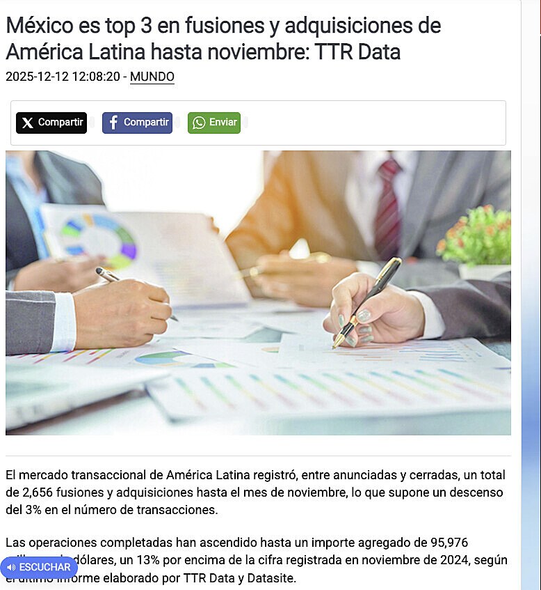 El mercado transaccional de Am�rica Latina ha registrado, entre anunciadas y cerradas, un total de 2,656 fusiones y adquisiciones hasta noviembre, lo que supone un descenso del 3% en el n�mero de transacciones.  Las operaciones completadas han ascendido h